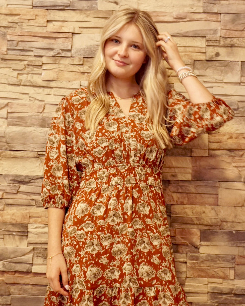 Printed Midi Dress - Cinnamon/Taupe