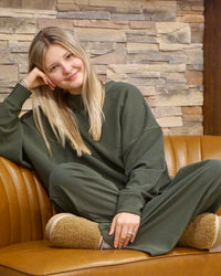 Ribbed Pullover & Pants Set - Dark Olive