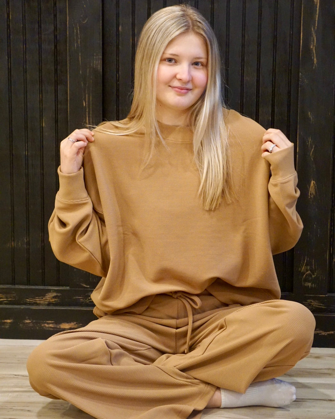 Ribbed Pullover & Pants Set - Deep Camel