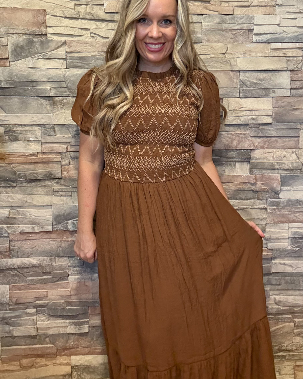 Bubble Sleeve Smocked Midi Dress - Light Brown
