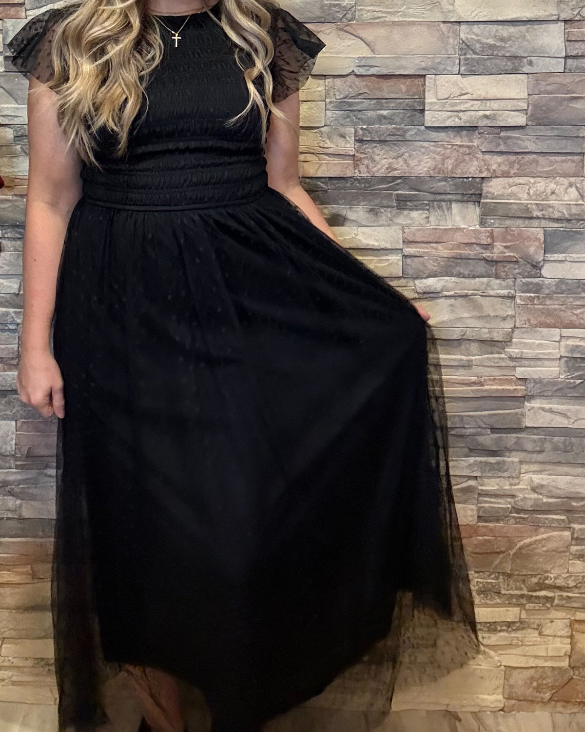 Polka Dot Chiffon Midi Dress - Black