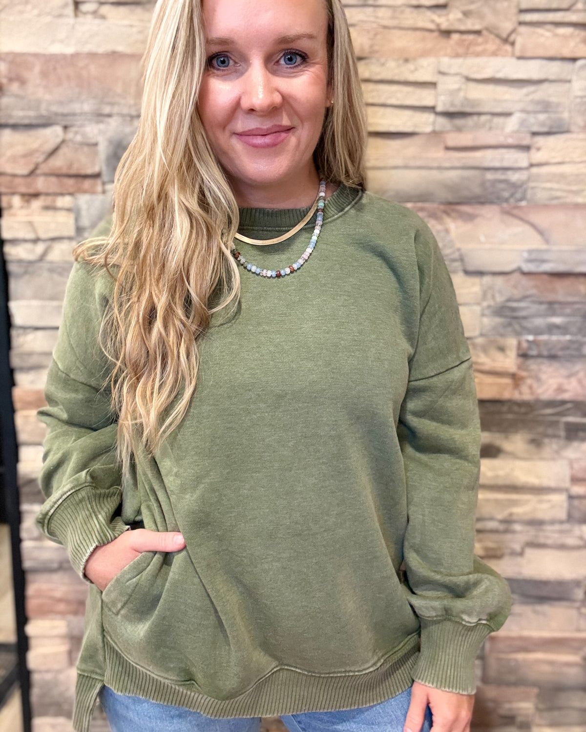 Light Olive Acid Wash Fleece Oversized Pullover