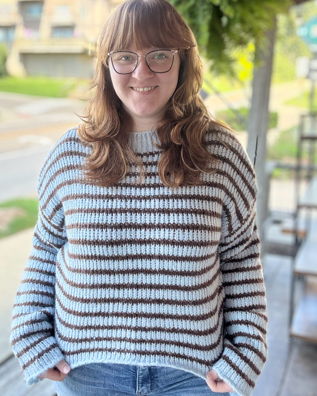 Light Blue Stripe Rolled Edge Knit Sweater