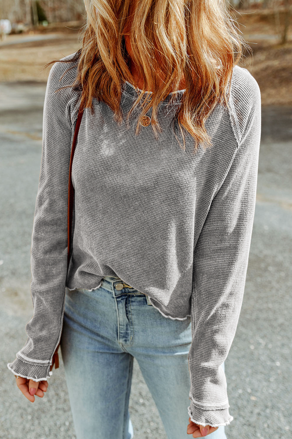 Textured Long Sleeve Top - Gray