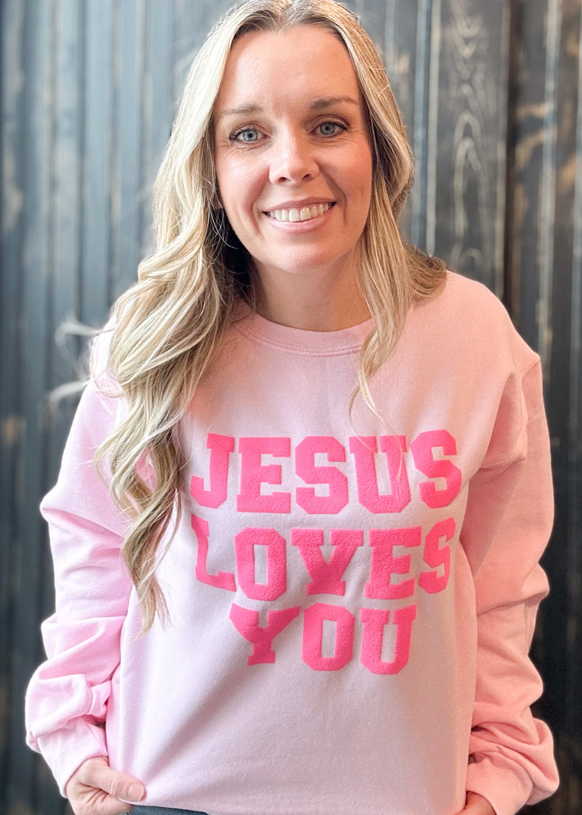 Jesus Loves You Crewneck- Light Pink