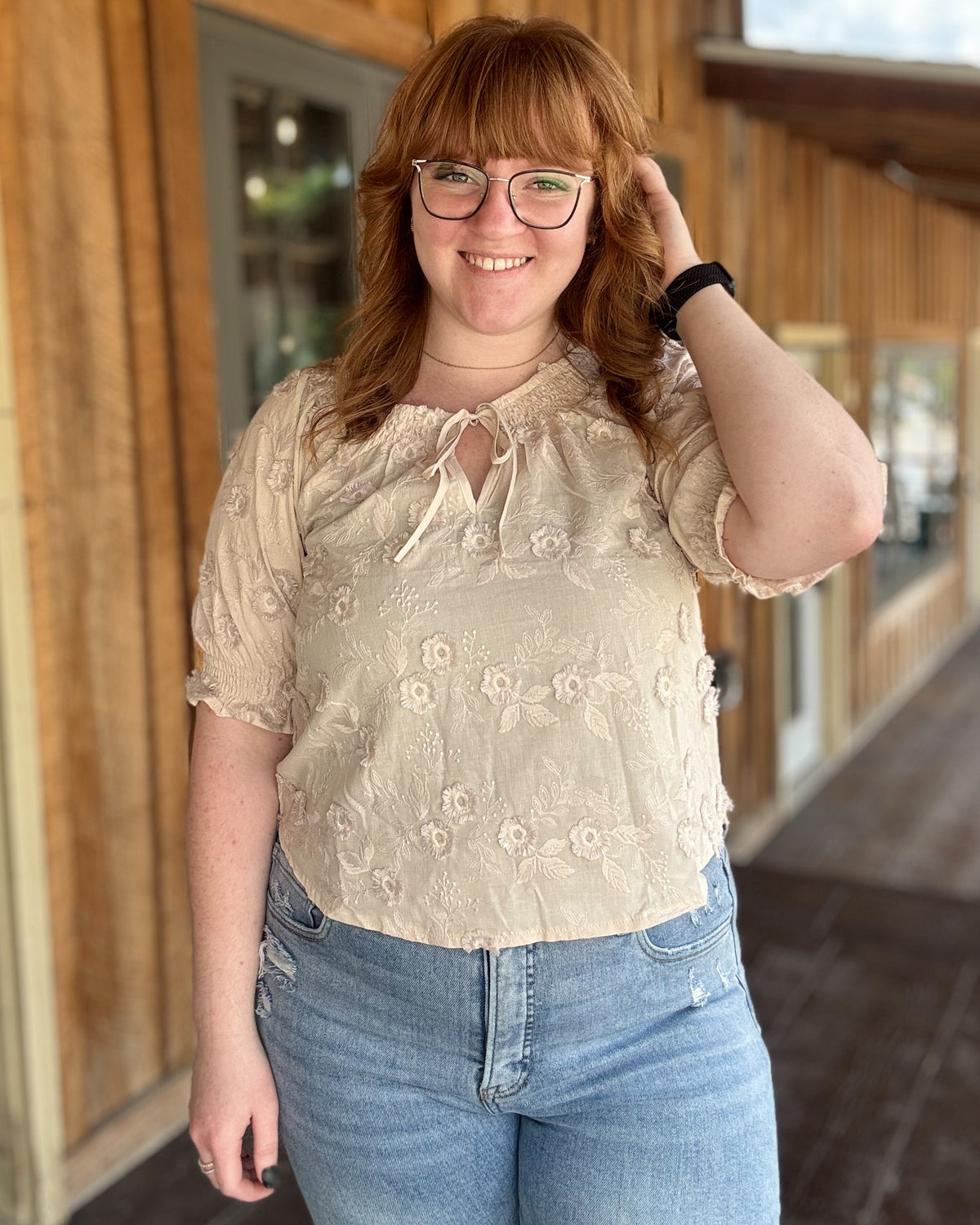 Khaki Embroidered 3D Floral Off the Shoulder Blouse