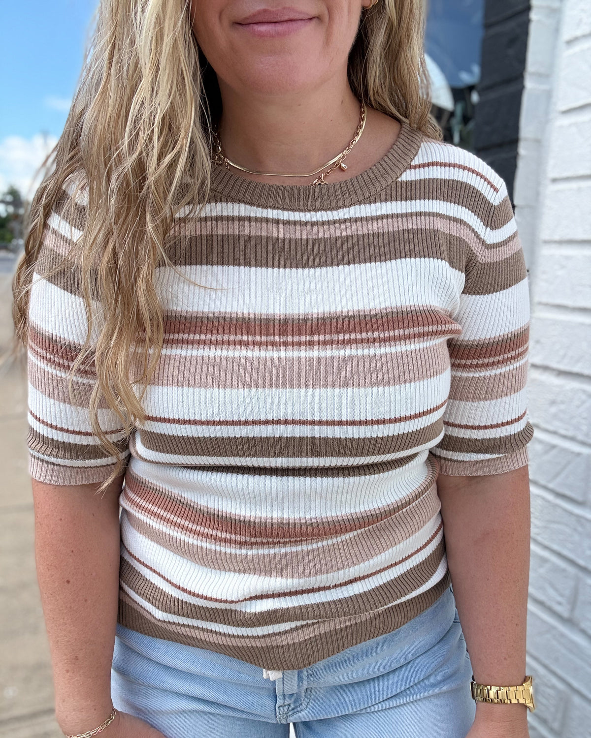 Taupe Multi Stripe Ribbed Knit Basic Top
