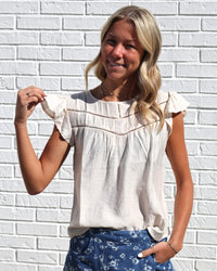 Lace Detail Flounce Sleeve Top-Oatmeal