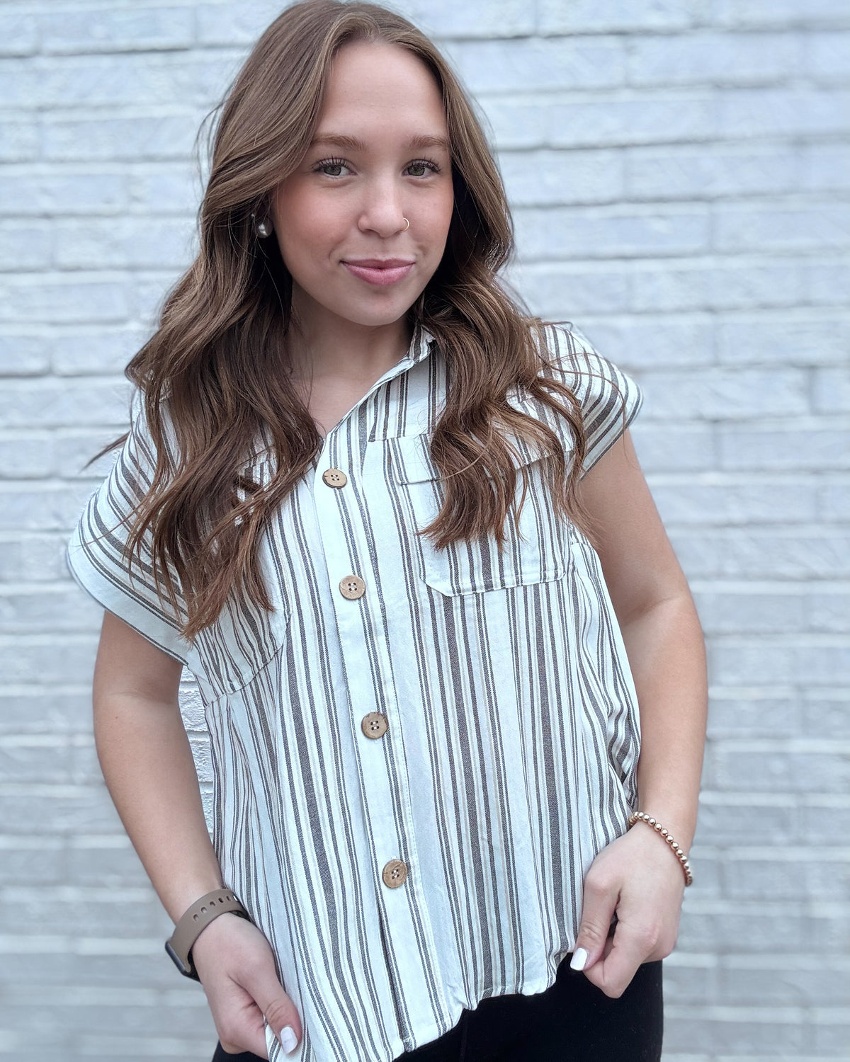 Black Stripe Short Sleeve Pocket Tab Detail Shirt