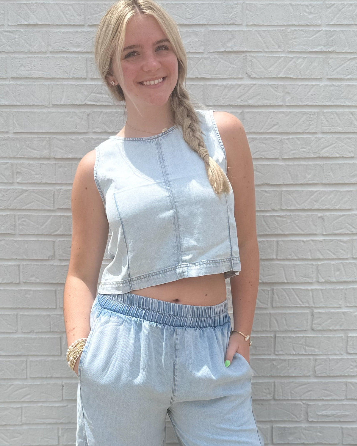 Round Neck Cropped Washed Denim Top