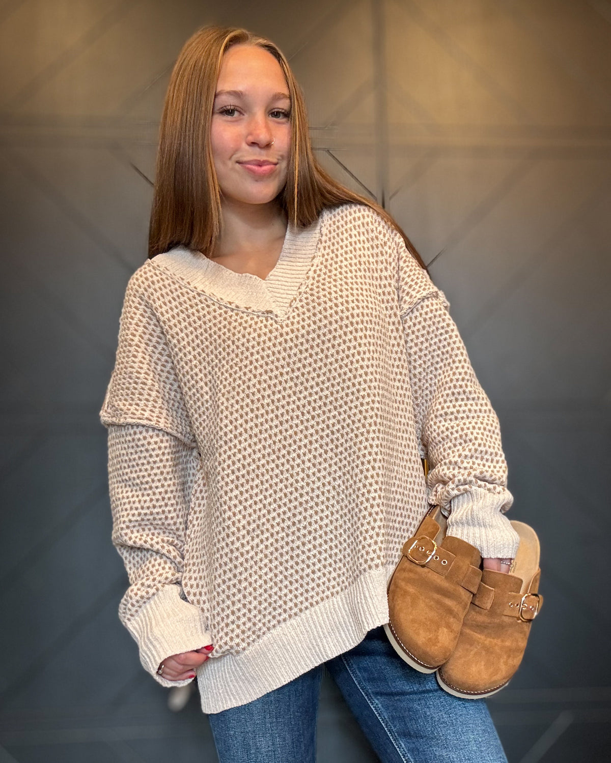 Cream Contrast Stitch Reversible V-Neck
