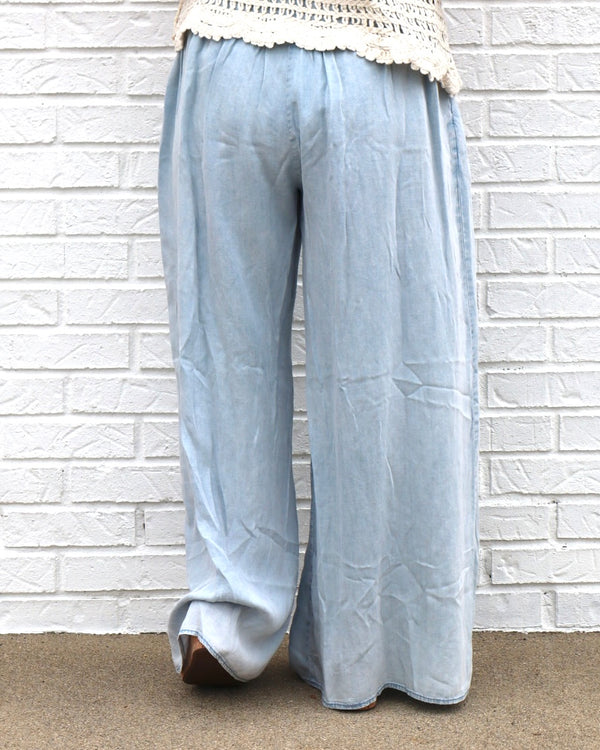 Mineral Washed Chambray Wide Pants-Indigo