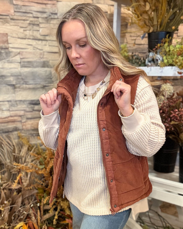 Corduroy Puffer Vest-Sepia