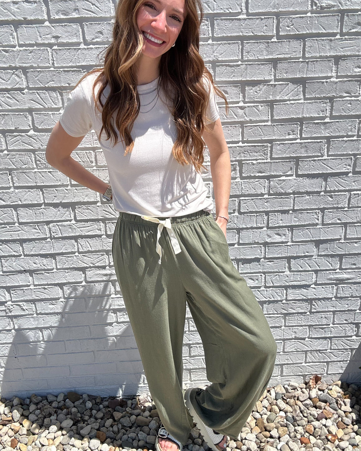 Linen Drawstring Pants-Lt Olive