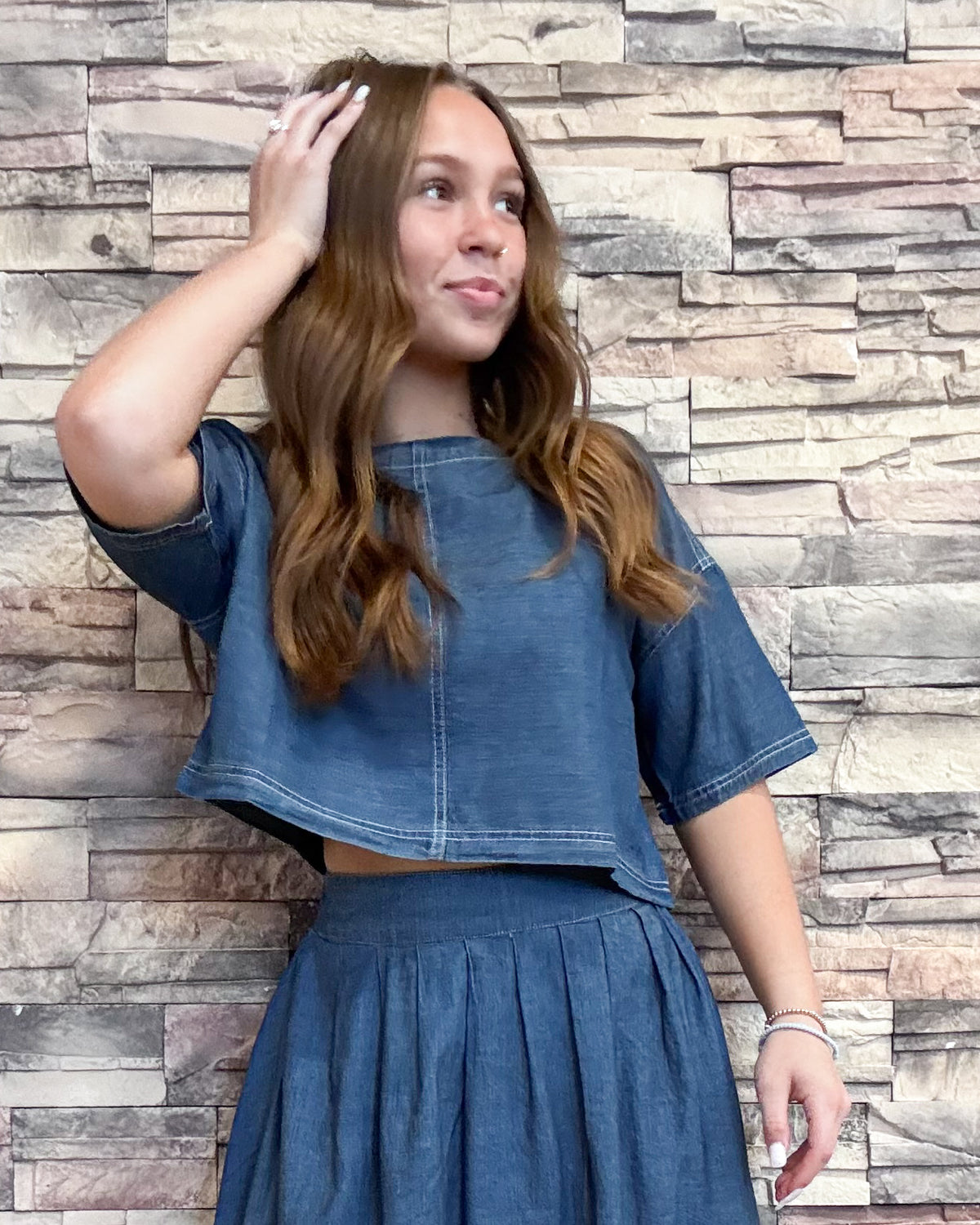 Round Neck Short Sleeve Cropped Denim Top