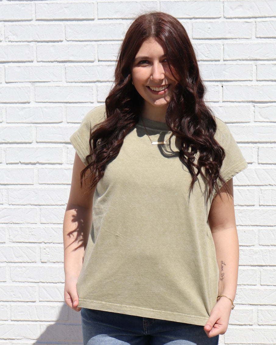 Washed Extended Shoulder Knit T-Shirt - Light Olive