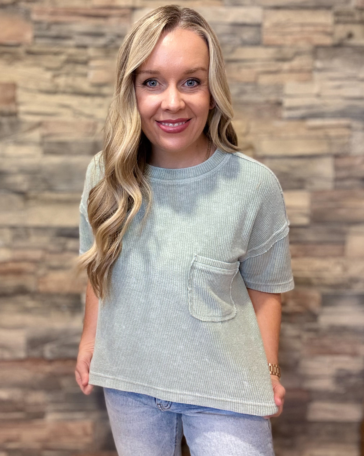 Washed Ribbed Short Sleeve Tee w/ Pocket - Light Olive
