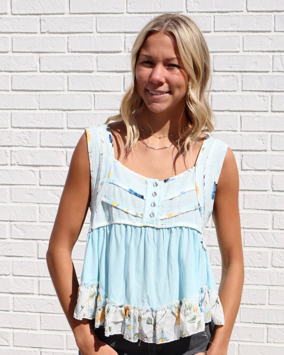 Floral Trim Boho Tank - Pale Sky