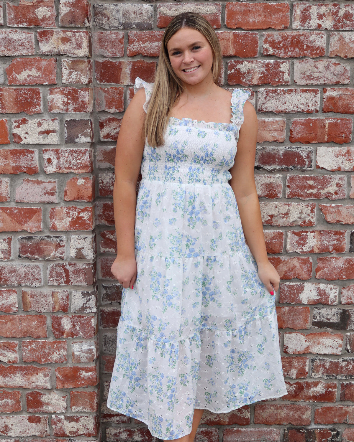 Smocked Floral Ruffle Dress - Blue