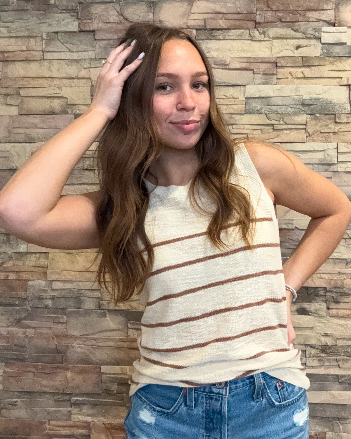 Cotton Slub Striped Knit Tank-Clay