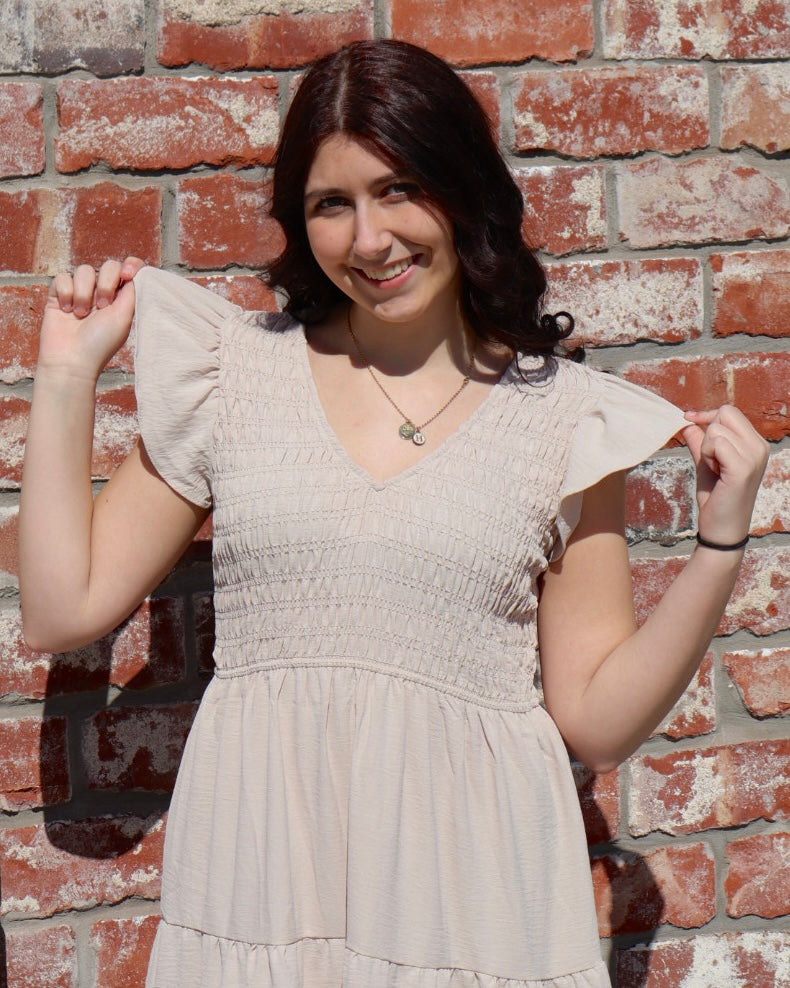 Flutter Sleeve Smocked Midi Dress - Khaki