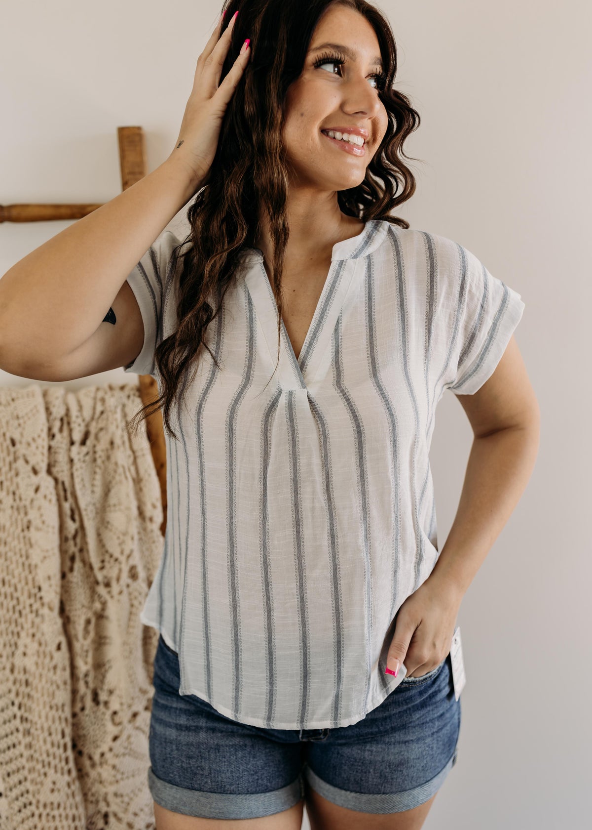 Stripe Split Neck Shirt