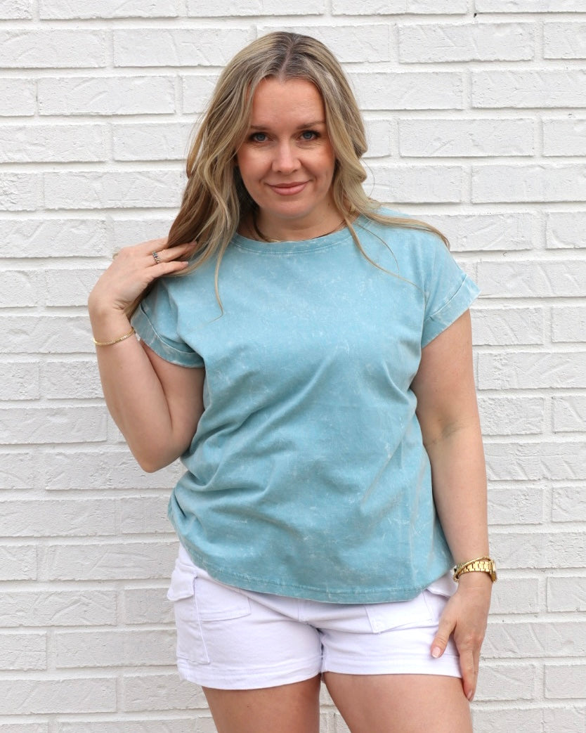 Crinkle Washed Round Neck Tee- Dusty Teal