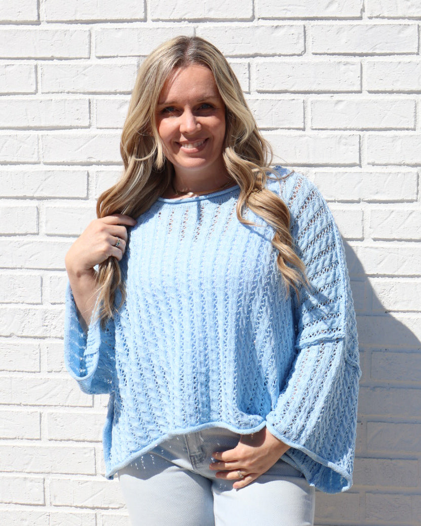 3/4 Sleeve Cropped Sweater-Sky Blue