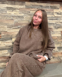 Mocha Acid Wash Fleece Hi Low Hem Pullover
