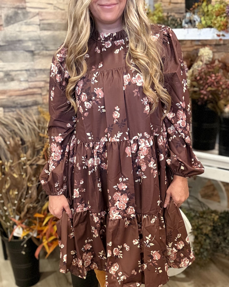 Vintage Brown Floral Woven Dress With Pockets