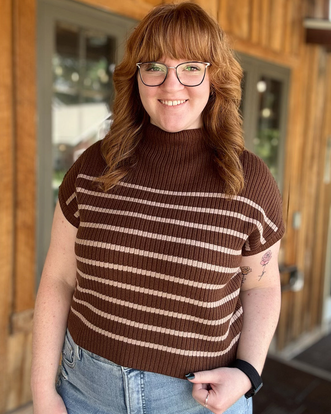 Chocolate Brown Stripe Mock Neck Short Sleeve Knit Sweater