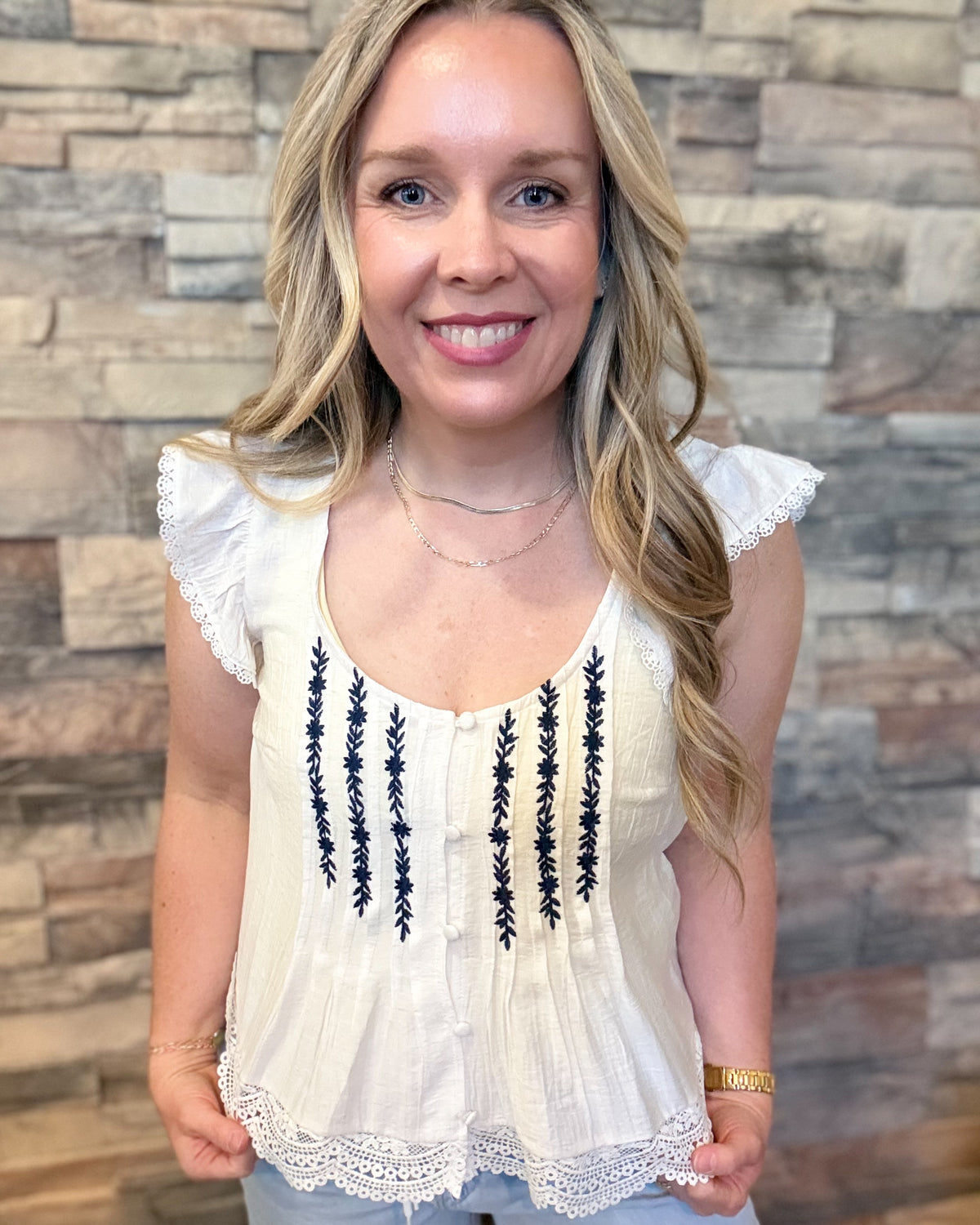 White Embroidery Lace Trim Pintuck Button Down Top