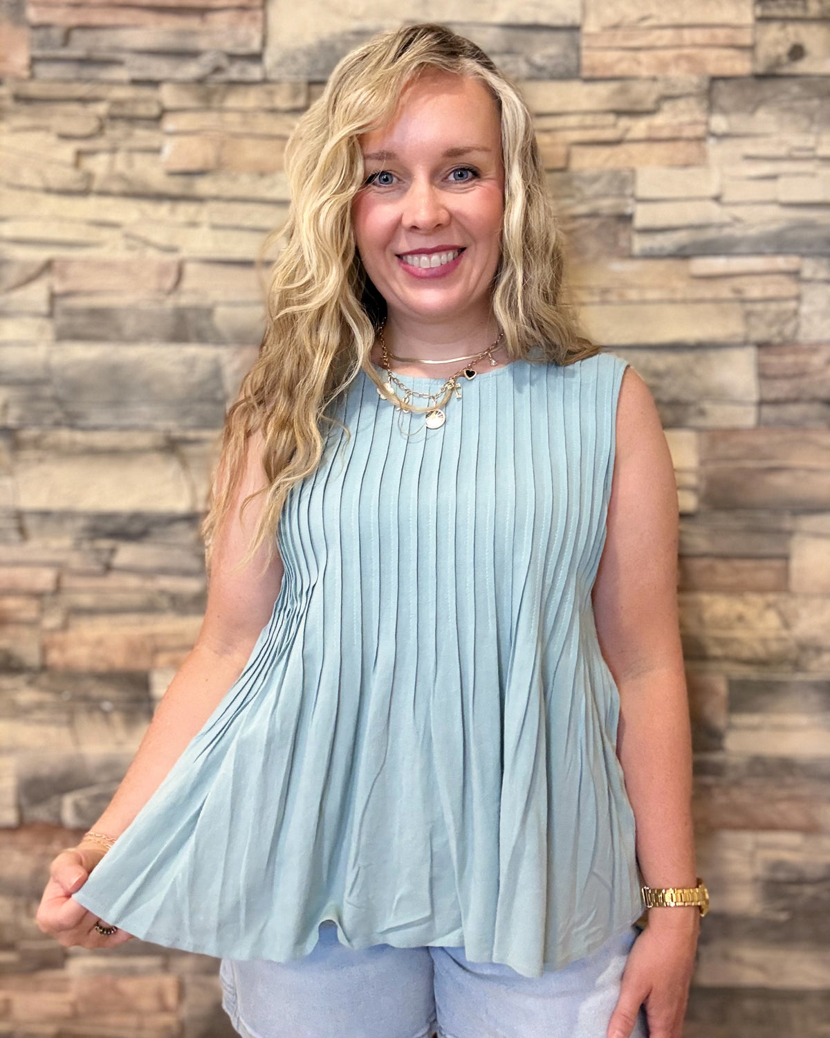 Linen Blend Pleated Sleeveless Top-Dusty Blue