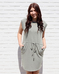 Drawstring Waist Slub Dress - Olive