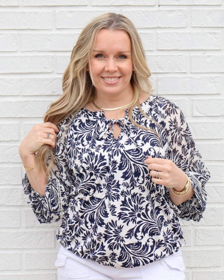 Floral Mix Bubble Hem Peasant-Cream/Navy