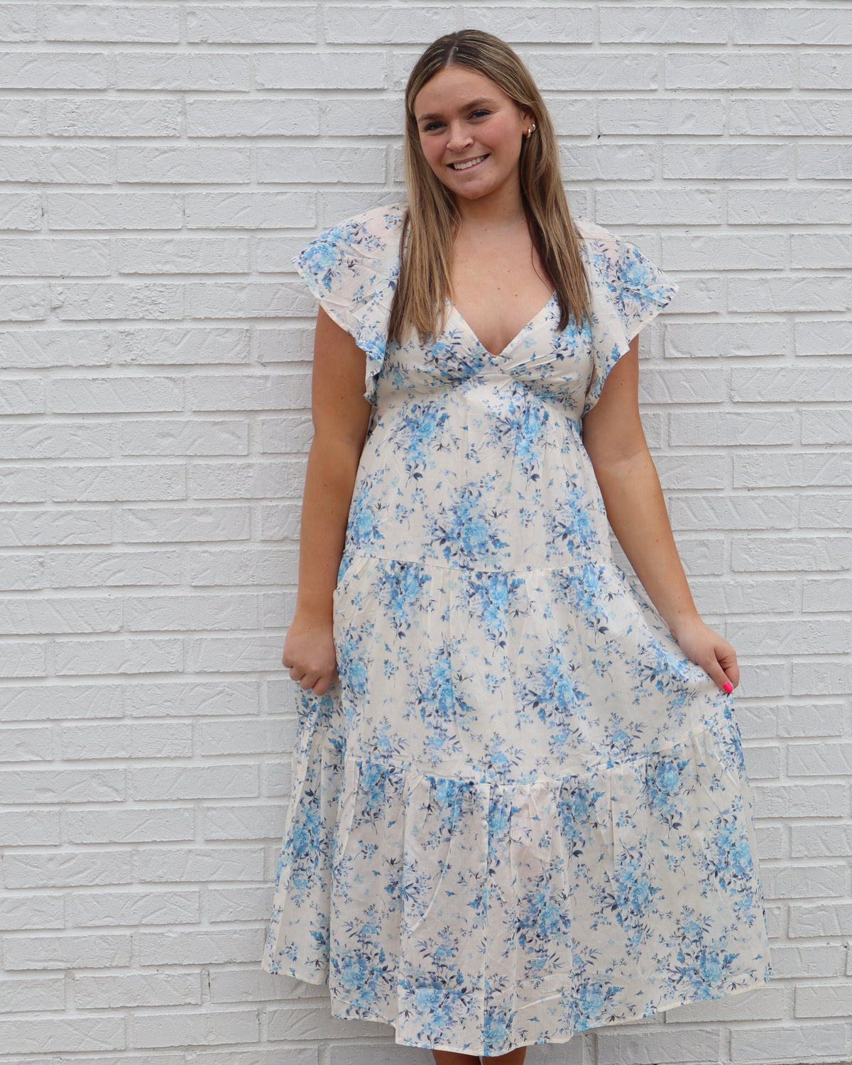 Tiered Floral Dress w/ Ruffle Sleeves - Blue