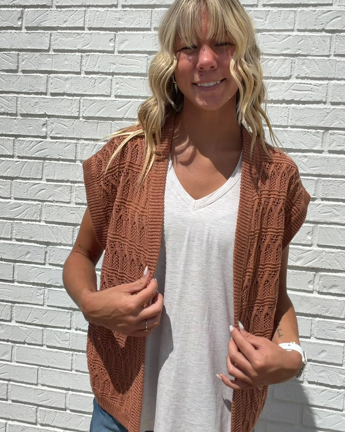Bronze Crochet Knit Open Cardigan