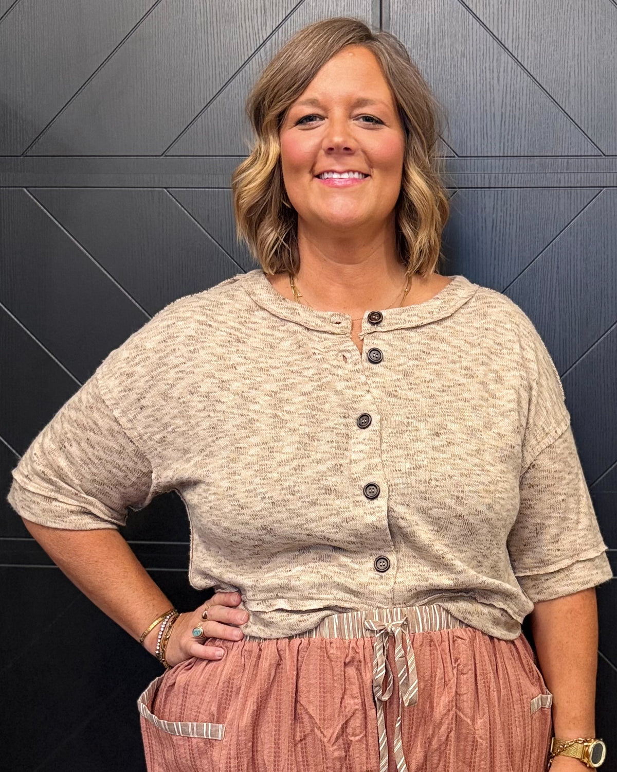 Light Taupe Marled Button Down Top