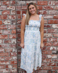 Smocked Floral Ruffle Dress - Blue