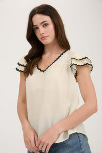 V-Neck Wavy Trim Ruffle Sleeve Top