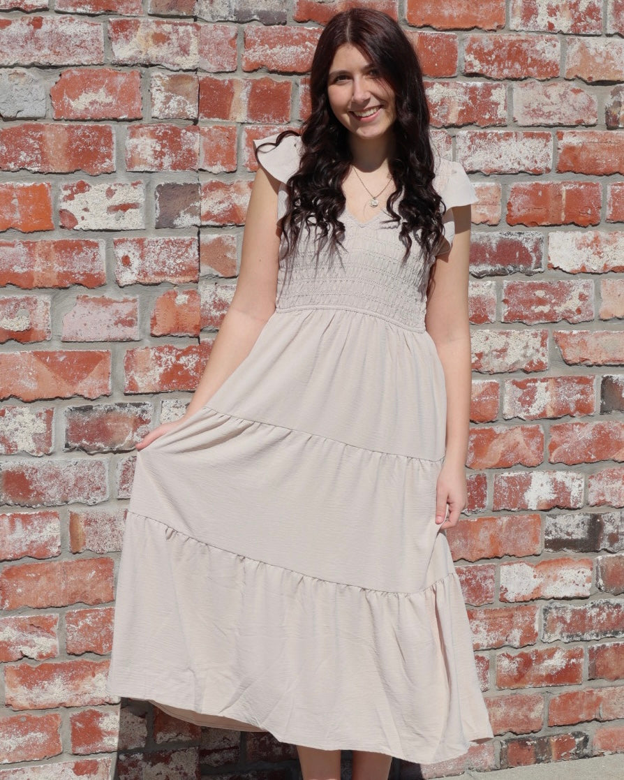 Flutter Sleeve Smocked Midi Dress - Khaki