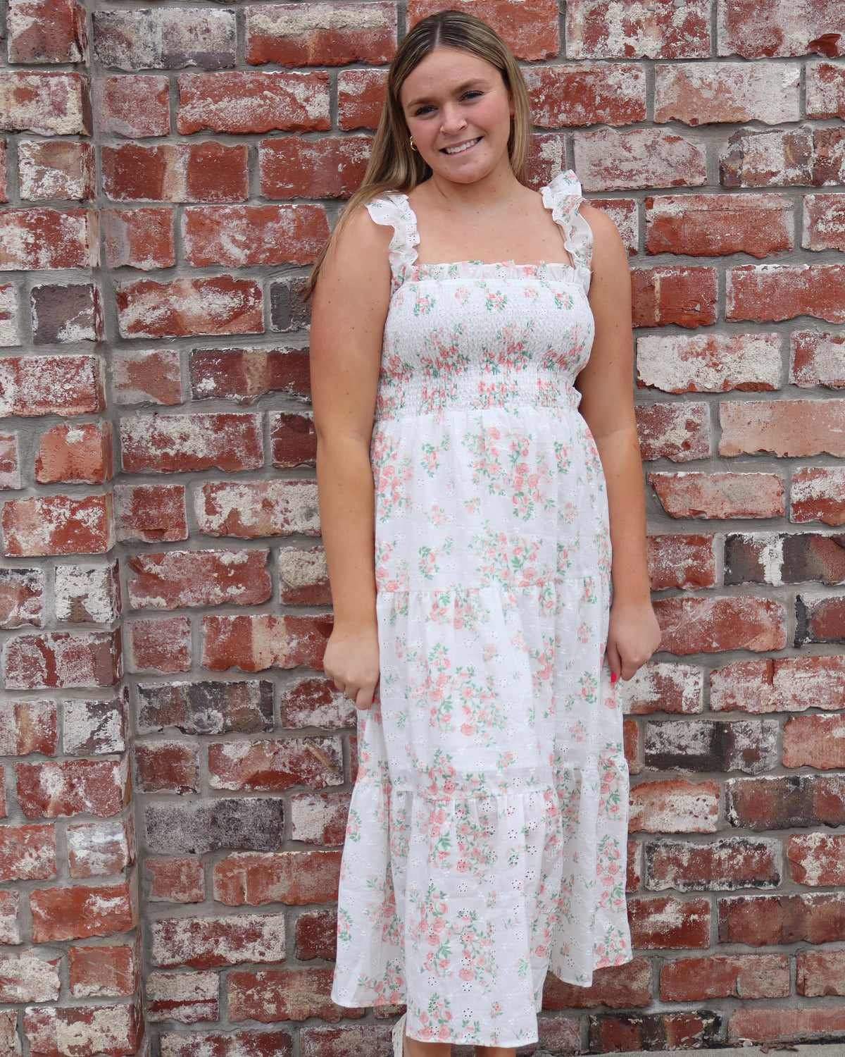 Smocked floral ruffle dress-pink