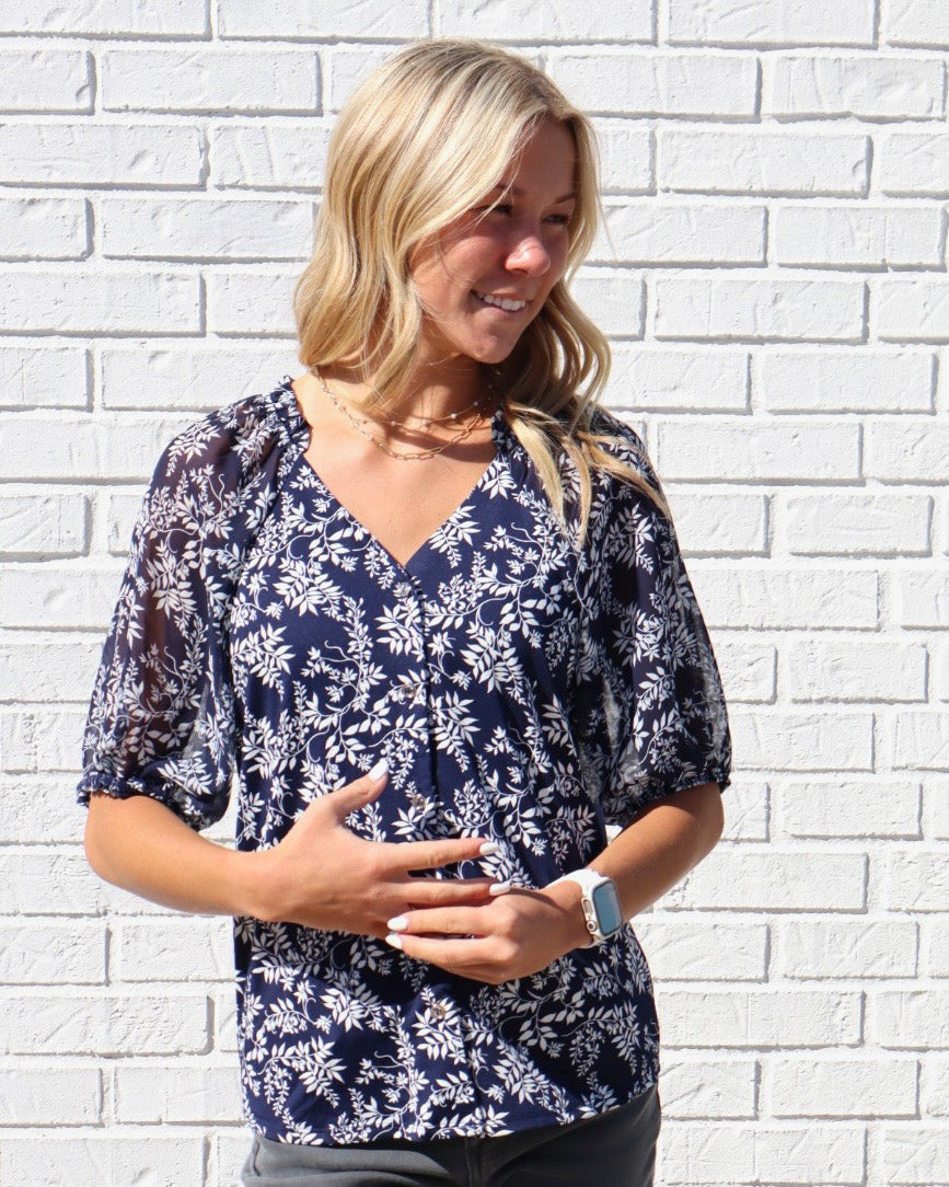 Floral Mix Ruffle Blouson Shirt-Navy/Ivory