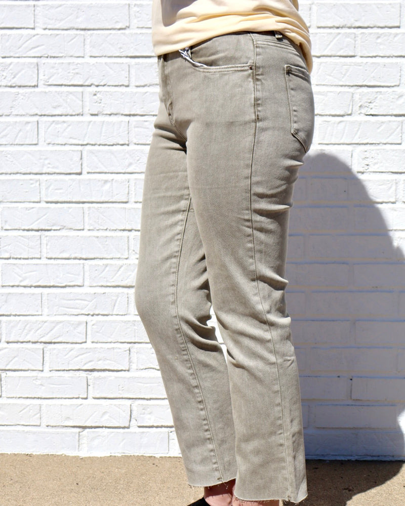 High Waisted Cropped Straight Pants - Light Olive