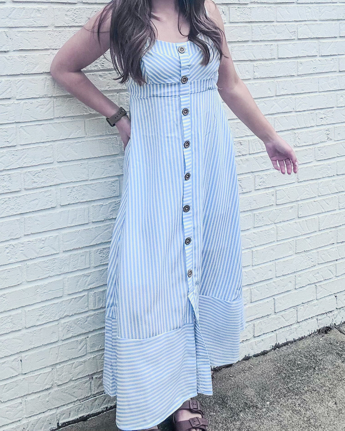 Light Blue Stripe Sweetheart Button Down Midi Dress