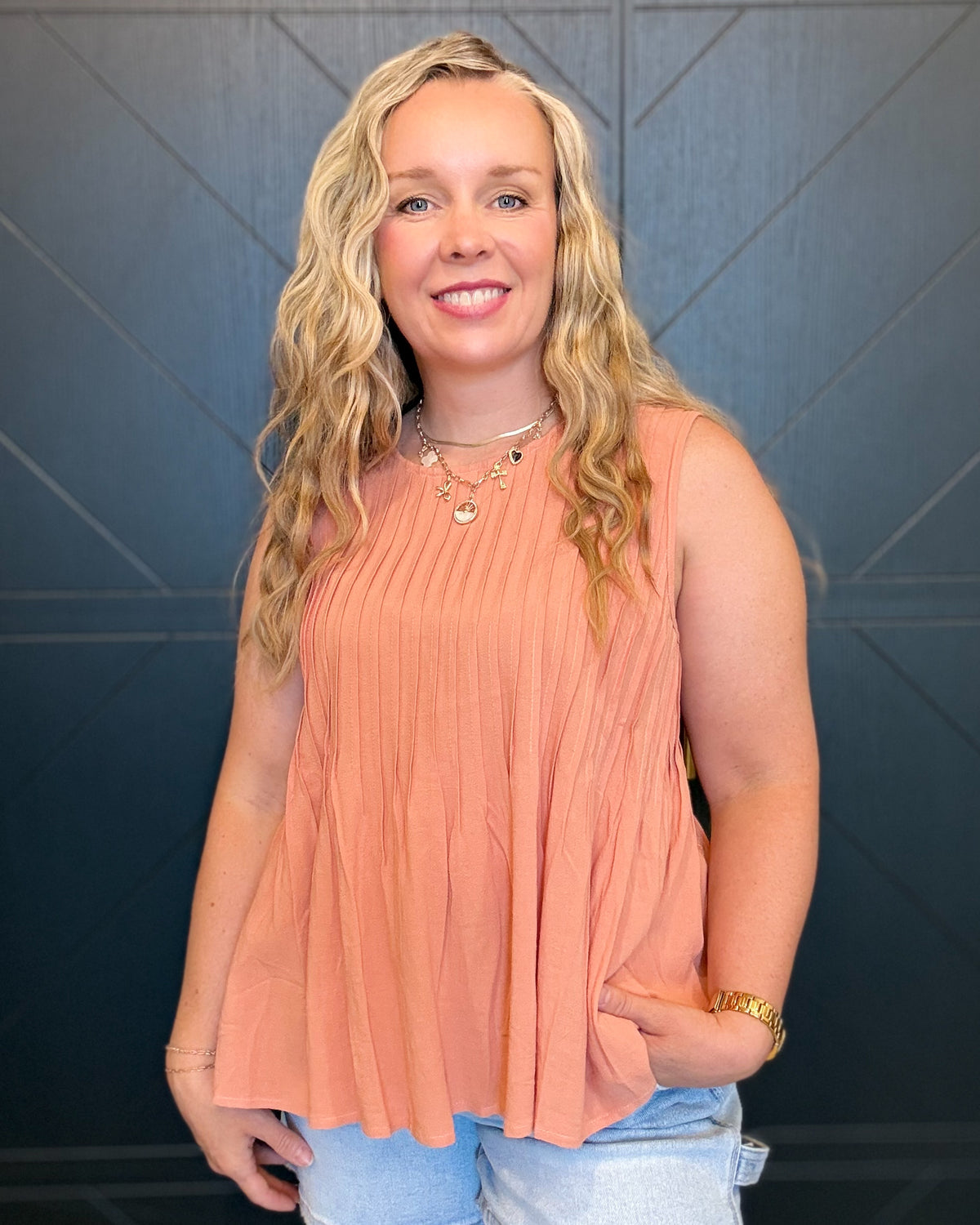 Linen Blend Pleated Sleeveless Top-Apricot