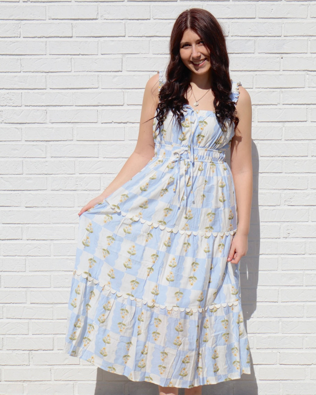 Floral Contrast Sleeveless Midi Dress - Blue