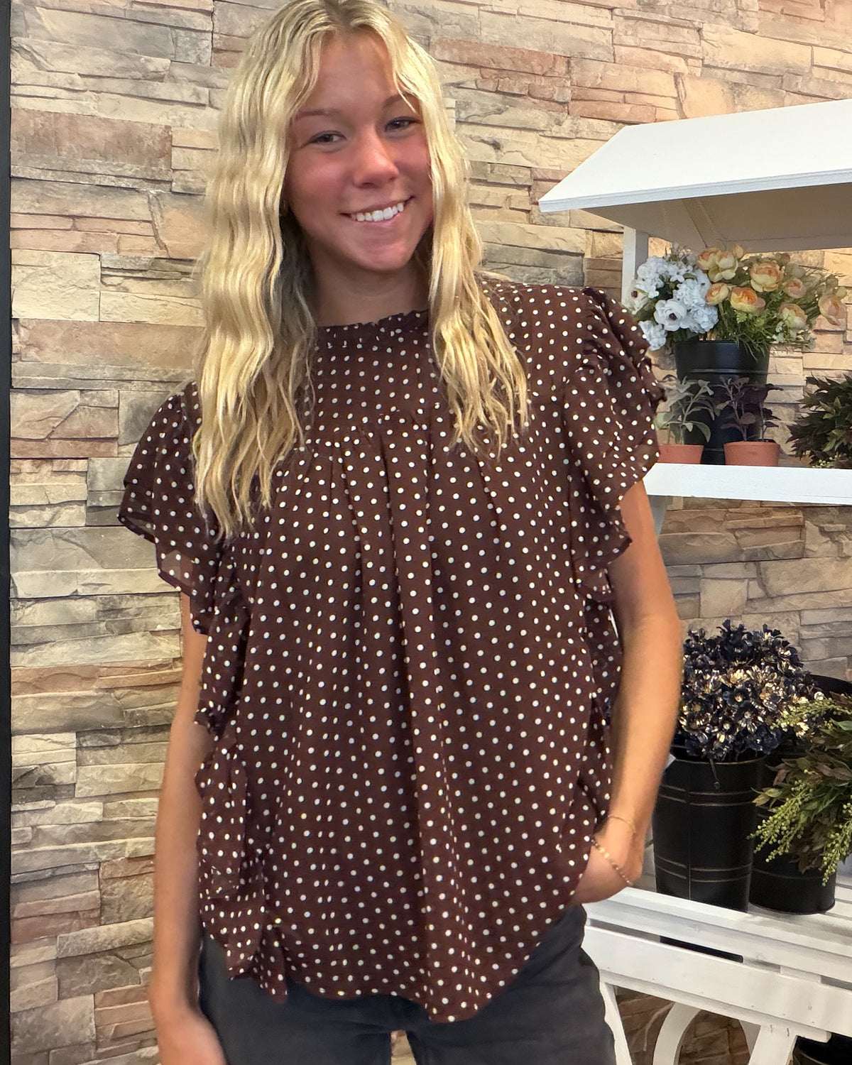 Frilly Polka Dot Voile Top-Brown/White