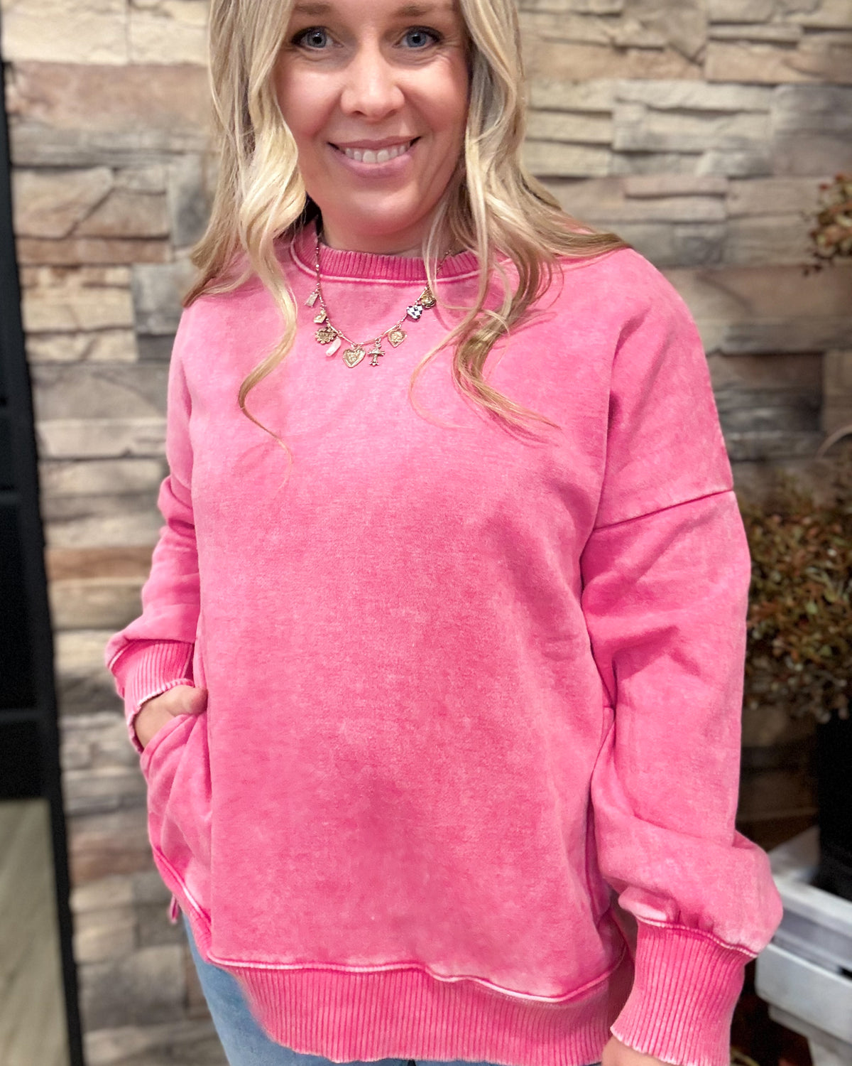 Hot Pink Acid Wash Hi Low Hem Pullover