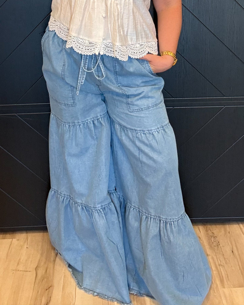 Denim Tiered Wide Leg Elastic Waist Pants